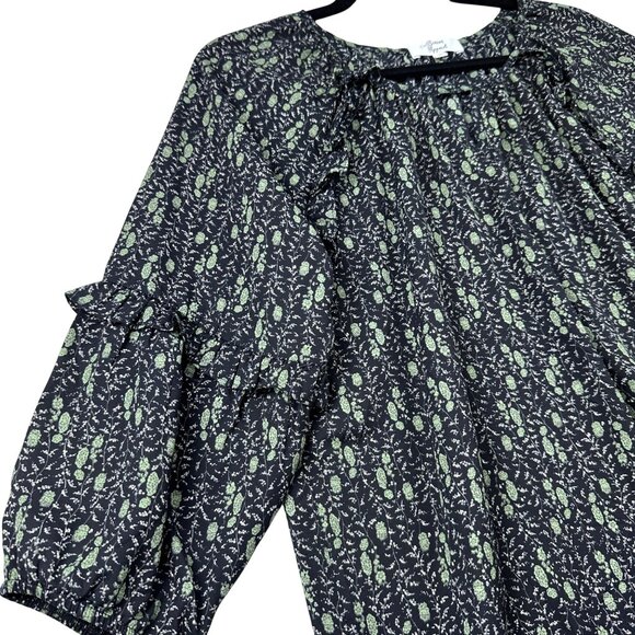 Beacon Apparel Black Green Floral Blouse Sz M 3/4 Sleeves Keyhole Flowy Fairy - Picture 5 of 12